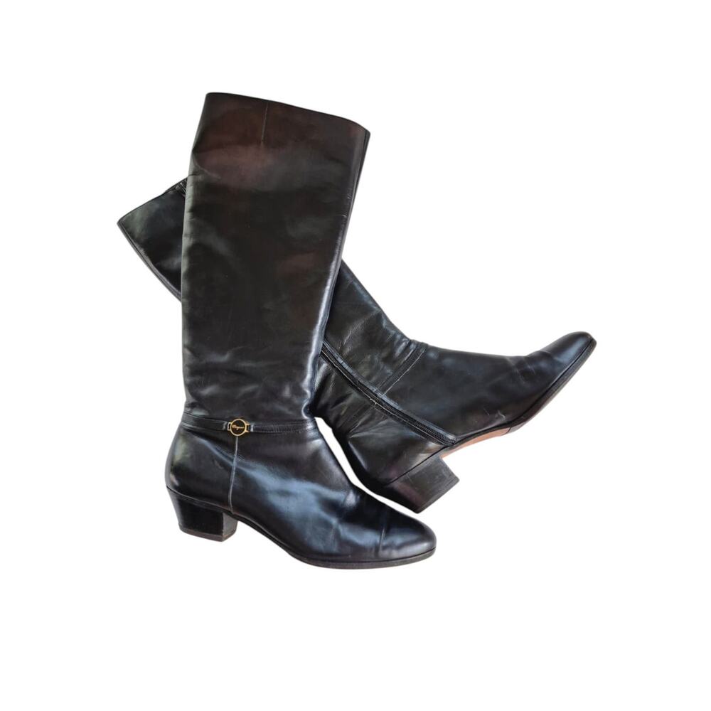 Ferragamo Boots Womens 7 B Black Italian Leather Knee High Mid Heel Quiet Luxury
